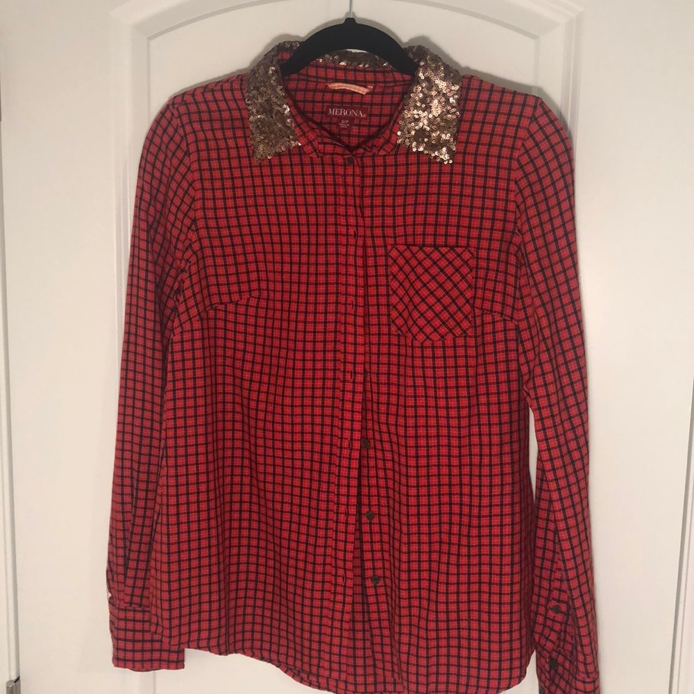 Merona Red Plaid Gold Sequin Collar Blouse S